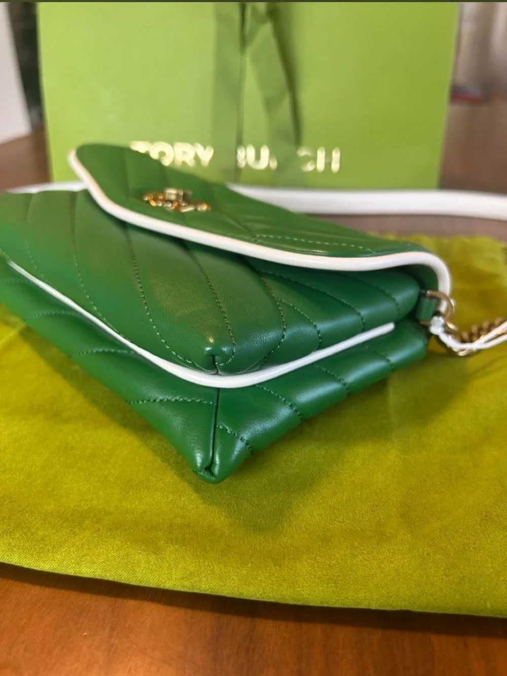 Tory Burch Green and Light Cream Kira Chevron Chain Wallet